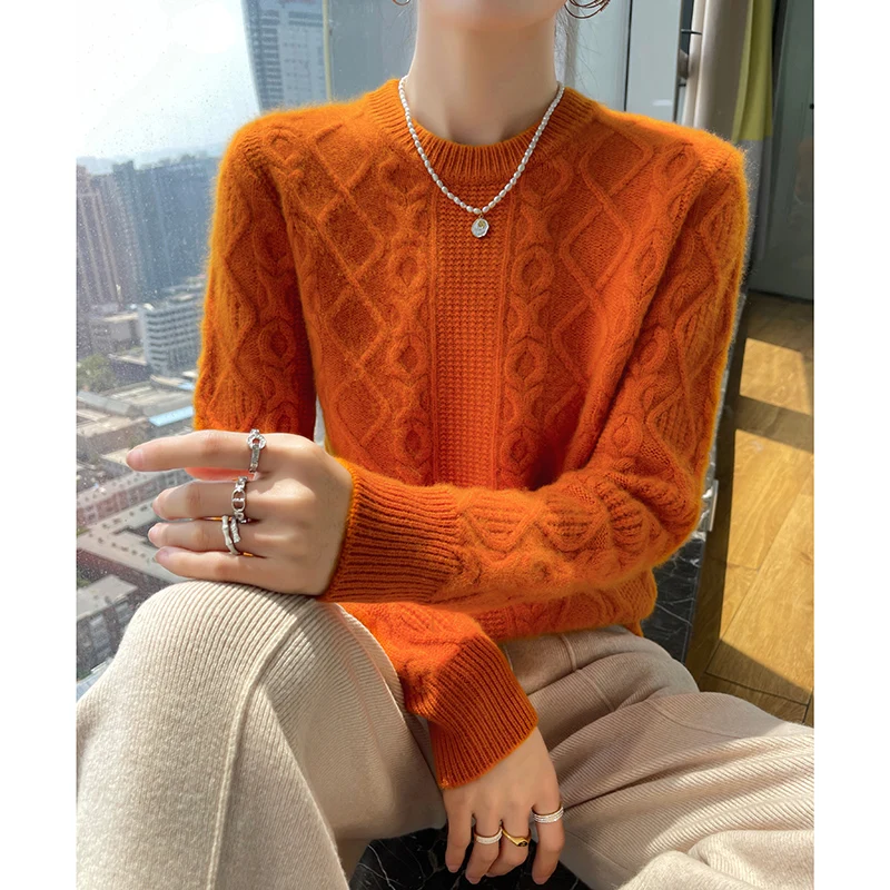 100% Pure Wool 2023 Autumn And Winter New Female O-Neck Loose Long-Sleeved Pullover Twisted Cashmere Sweater Bottoming Sweater