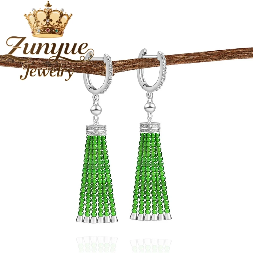 

Genuine S925 Silver Inlaid Natural A-Grade Jadeite Green Millet Bead Tassel Earrings High-End And Fashionable Charms For Women