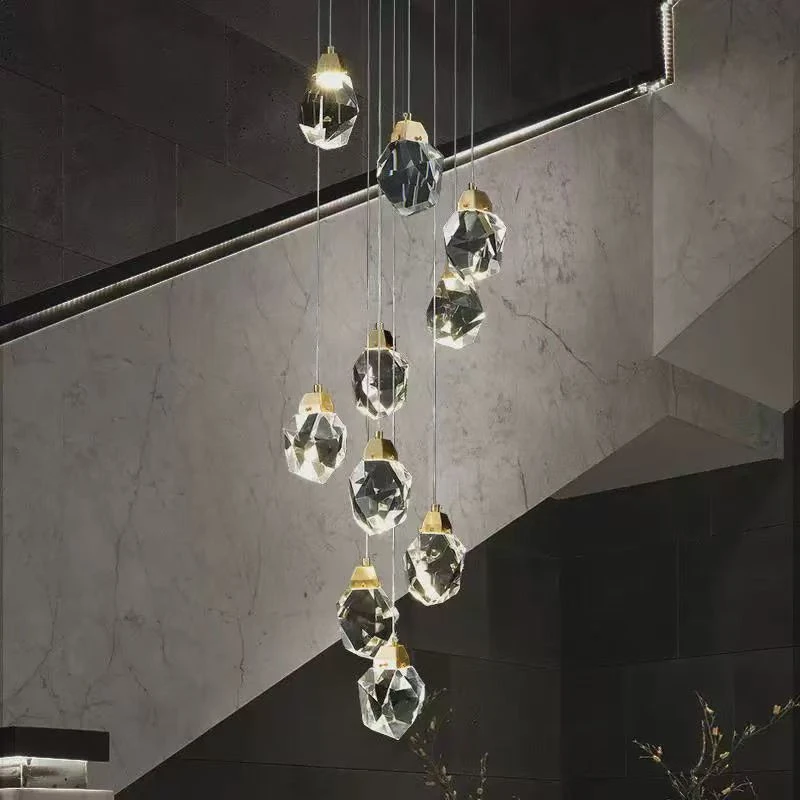 

Modern Villa Stair Crystal Brass Chandelier Light Hall Led Pendant Lights Hanging Lamp For Loft Hotel Light Fixture Home Decor