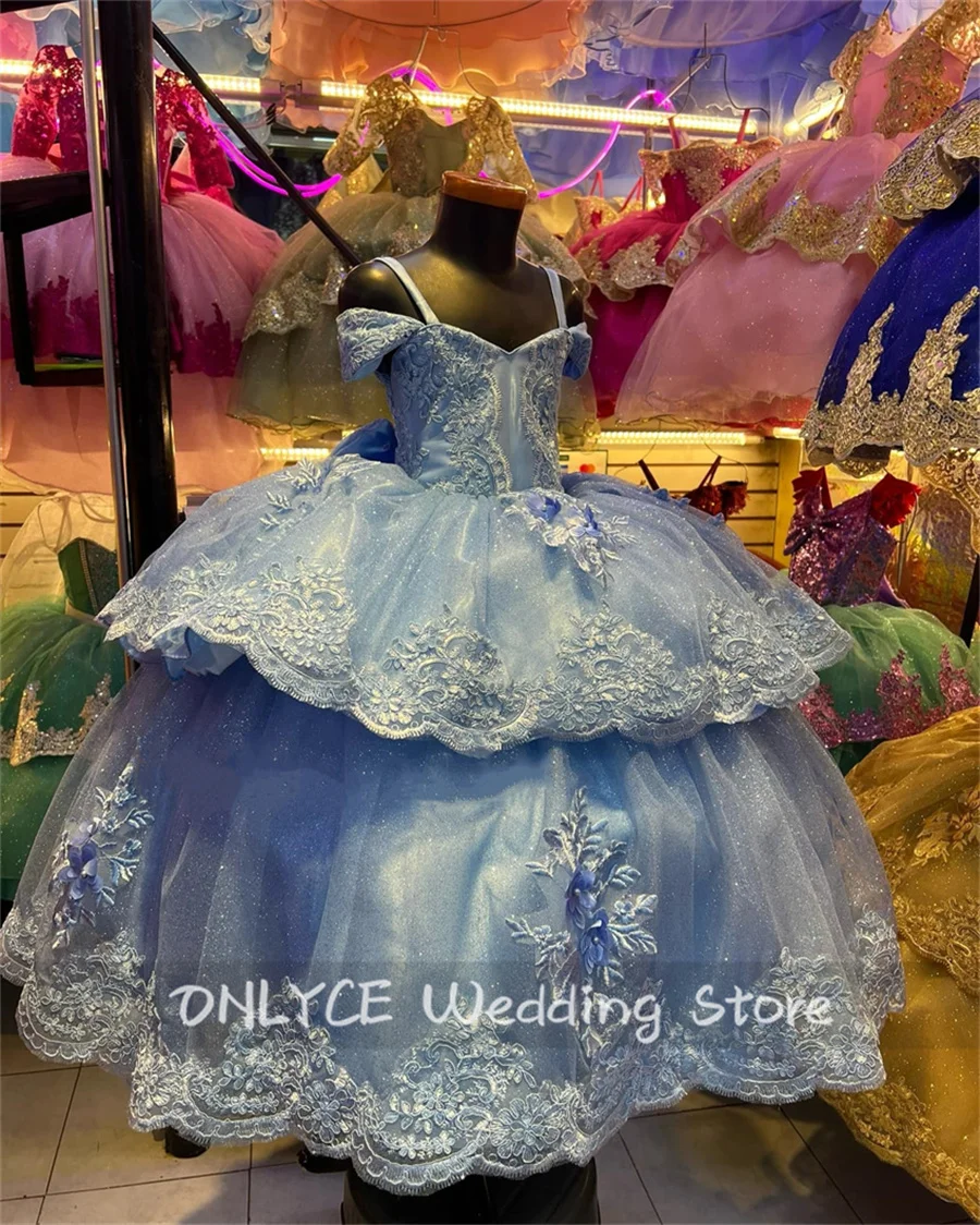 New Desgin Sky Blue Flower Girls Dress 2024 Lace Flowers Pearls Beading Ball Gown Flowers Cute Birthday Party Gown