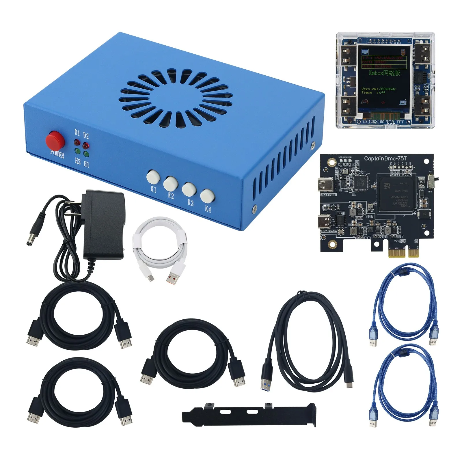 Blue Fifth Generation CapDMA Video Overlay Box + CaP75T DMA Board + KMBOX NET Keyboard Mouse Box Controller Kit