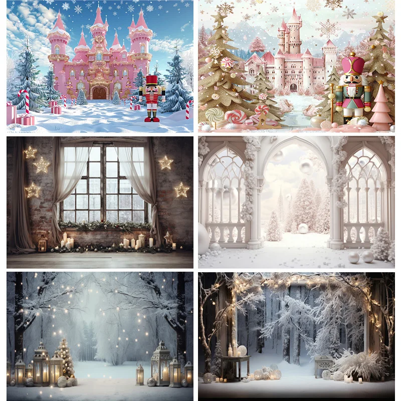 

Christmas Tree With Gift Boxes Photography Backdrops Winter Snow Decorations Wooden Door Fireplace Room Background Props WR-04