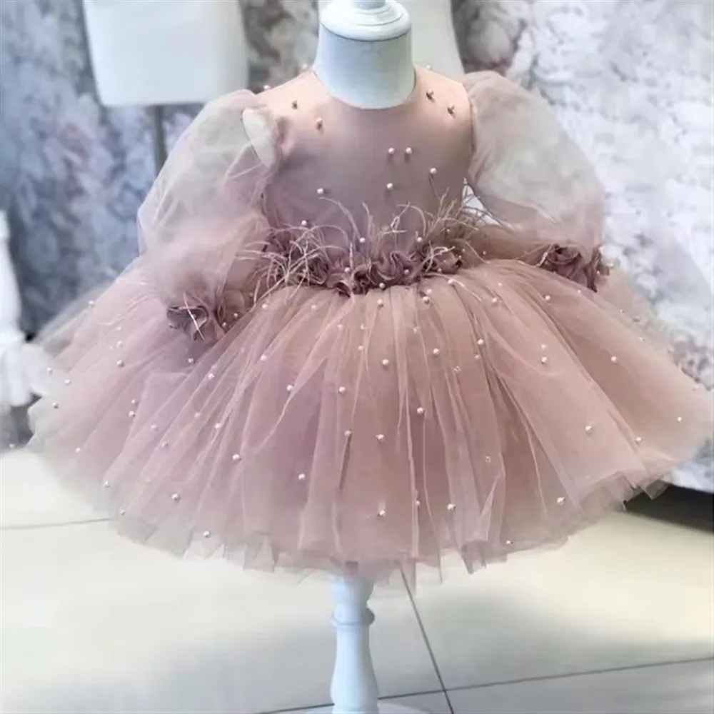 

Pink Flower Girl Dress For Wedding Satin Puffy Tulle Pearls Bow Feather Baby Kid First Communion Birthday Party Prom Ball Gown
