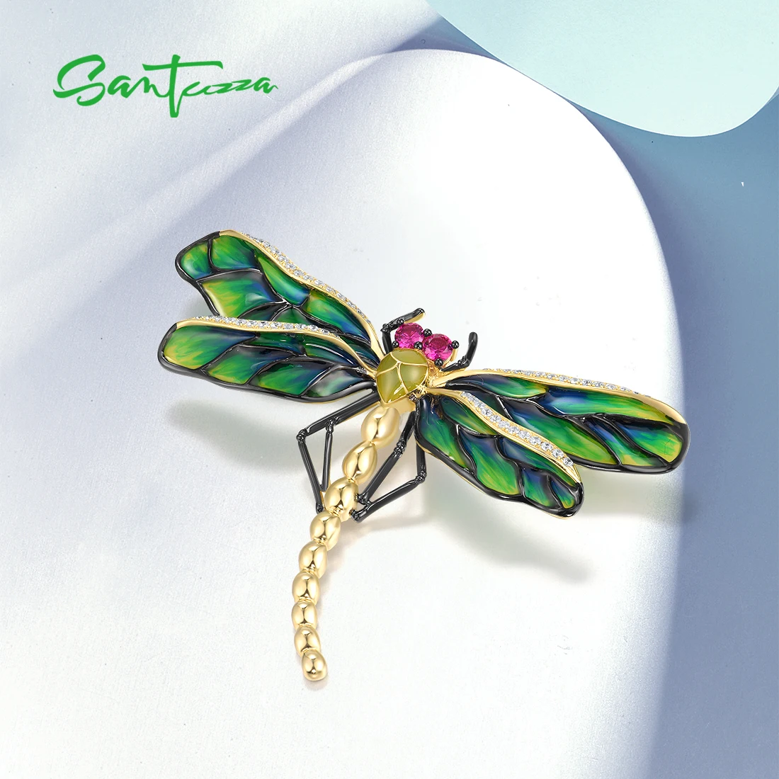 SANTUZZA Pure 925 Sterling Silver Brooch For Women Sparkling White CZ Created Ruby Green Enamel Dragonfly Lovely Fine Jewelry