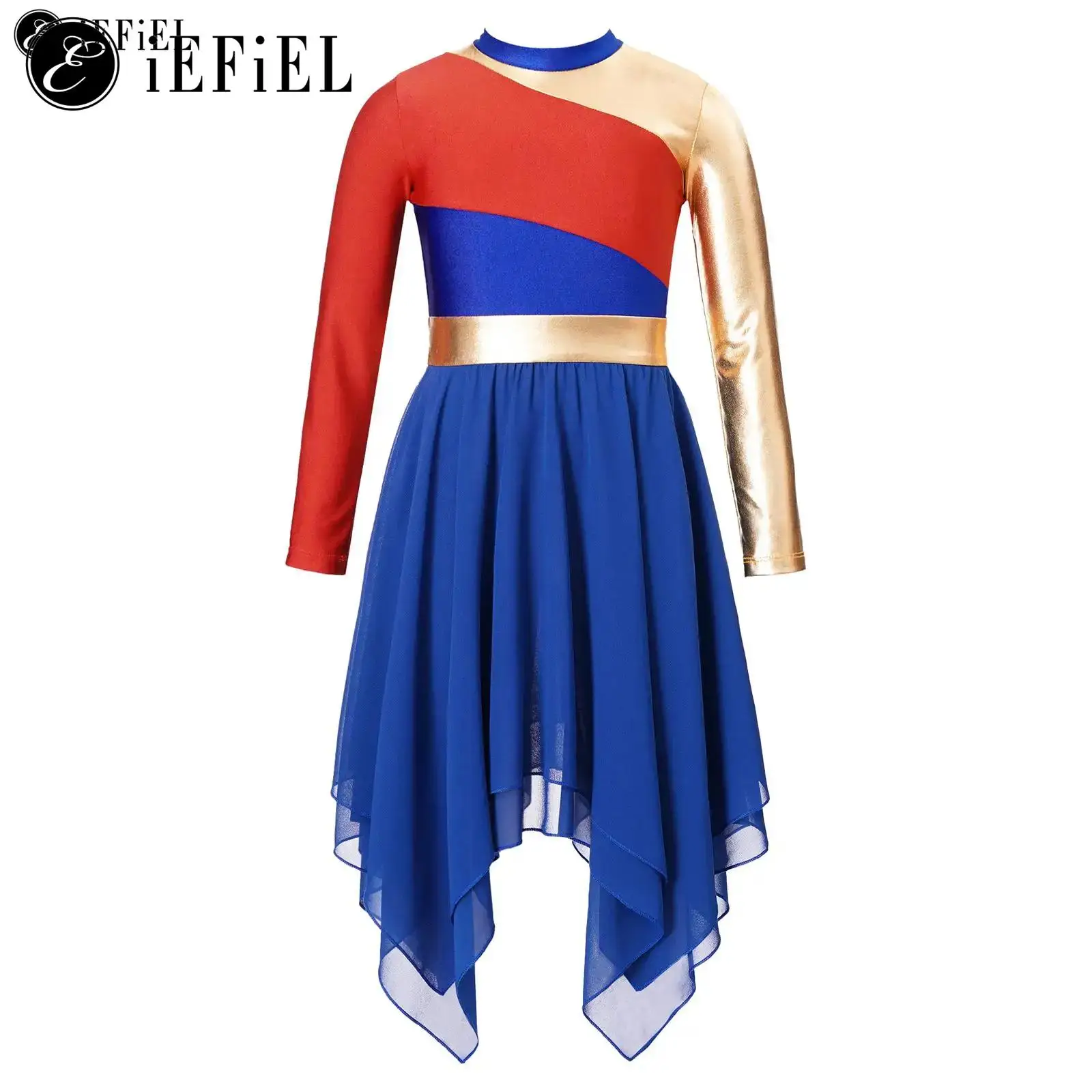 

Kids Girls Metallic Color Block Liturgical Praise Dance Dress Long Sleeve Modern Lyrical Worship Costume Church Praisewear