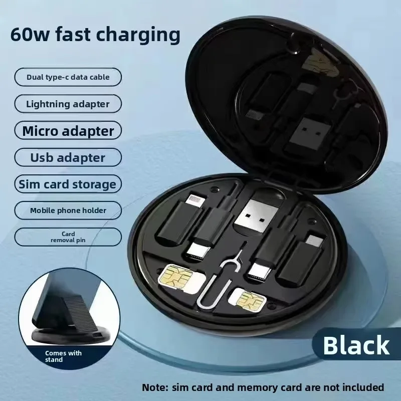 60W 4-in-1 USB C Cable Set Fast Charging Data Transfer Travel Storage Box with Phone Stand SIM Card Holder for iPhone Laptop