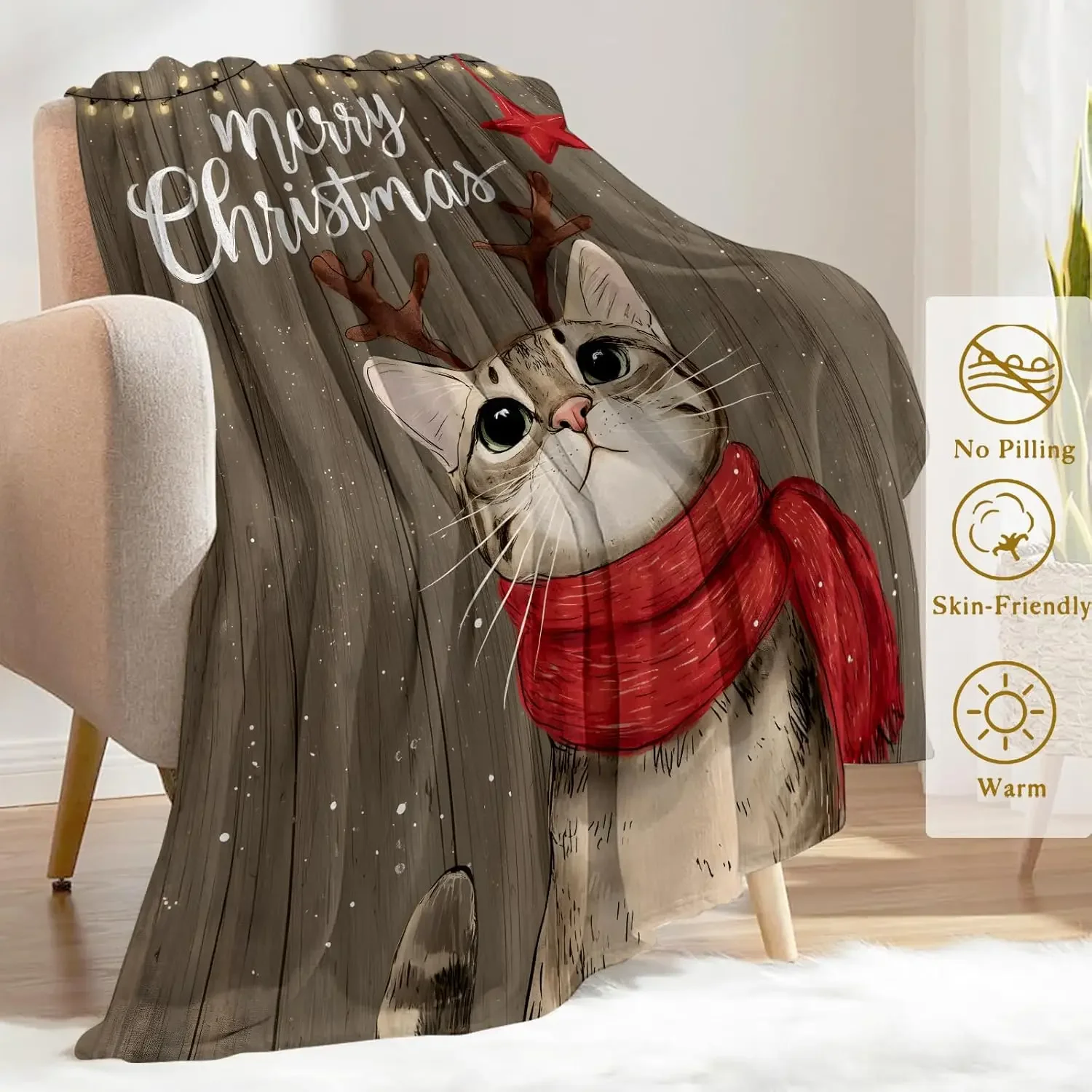 Christmas Decorative Throw Blanket with Cute Cat Antler and Red Scarf Print Soft Flannel Winter Blanket for Cozy Home Decoration