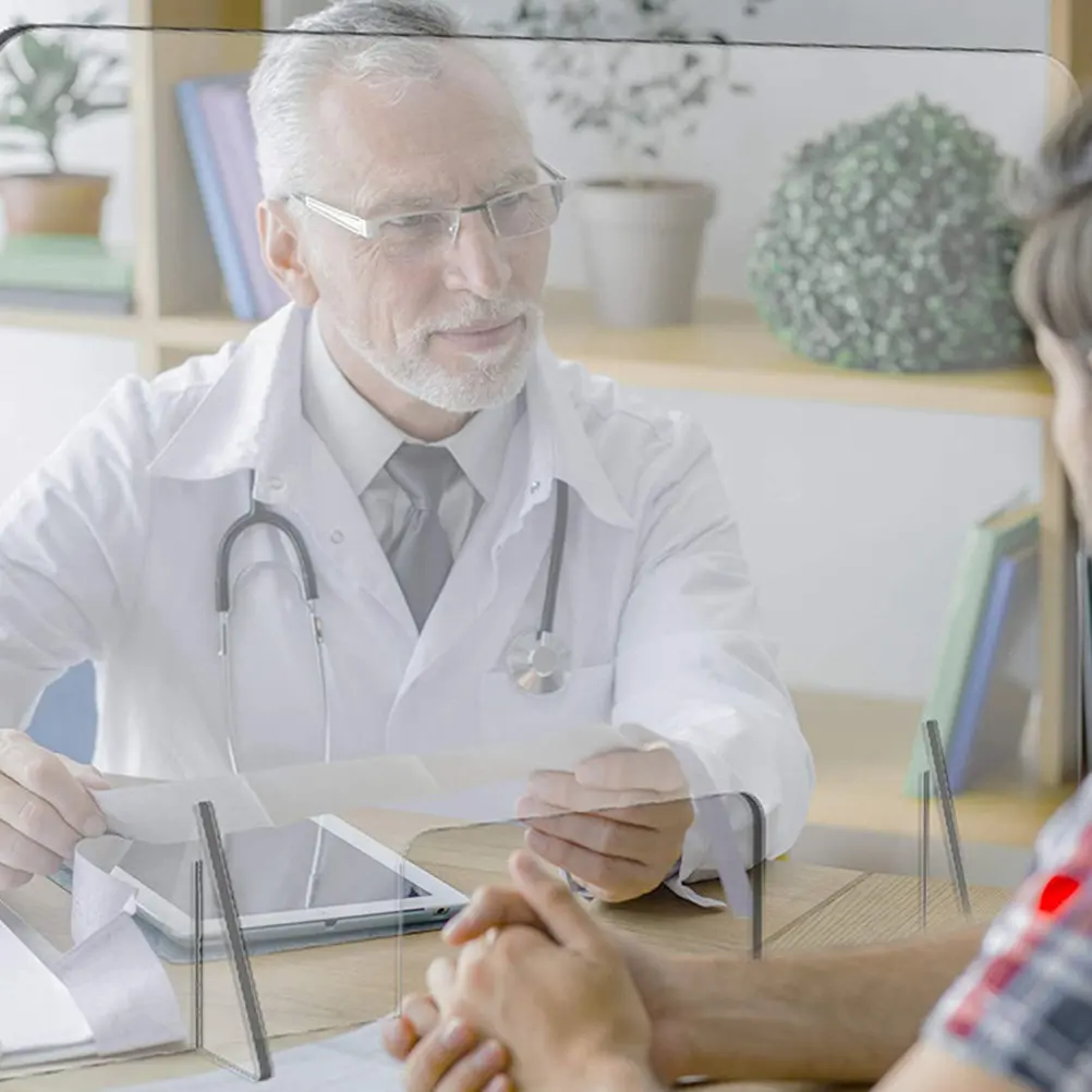 

Protective Sneeze Guard Shield Panel for Desktop - Freestanding Barrier Screen Divider for Employee Customer Safety