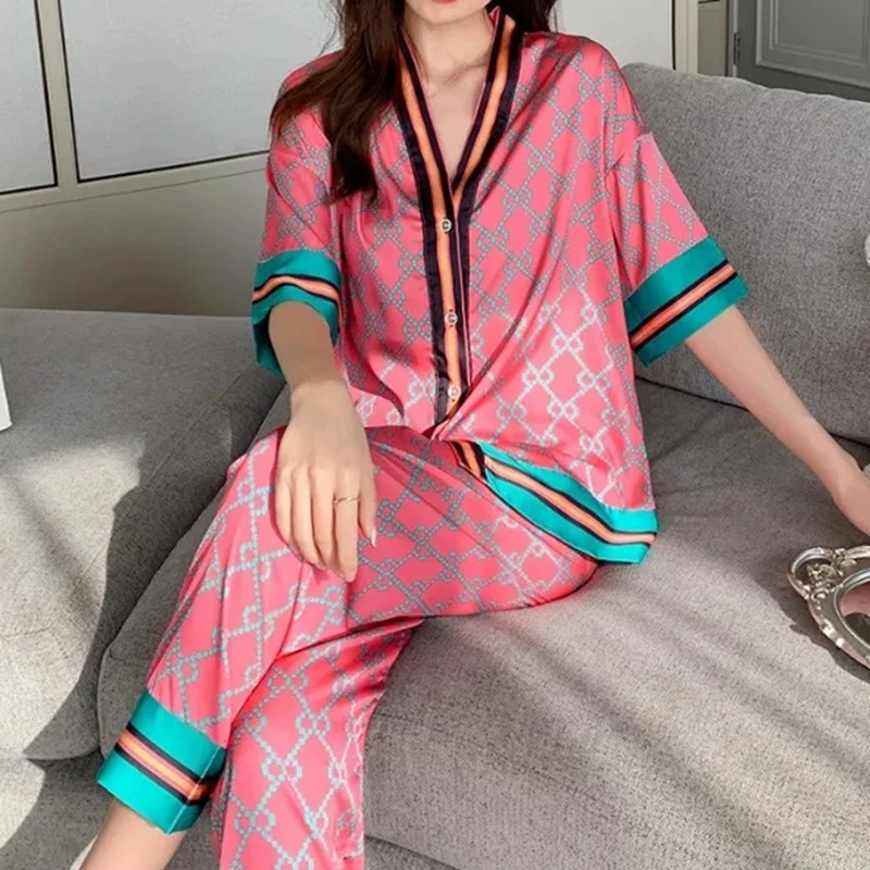 Spring Summer Rose Red Printing Pajama Sets Satin Silk Thin Pajamas Short Sleeves Long Pants Women Sexy Homewear Sleepwear