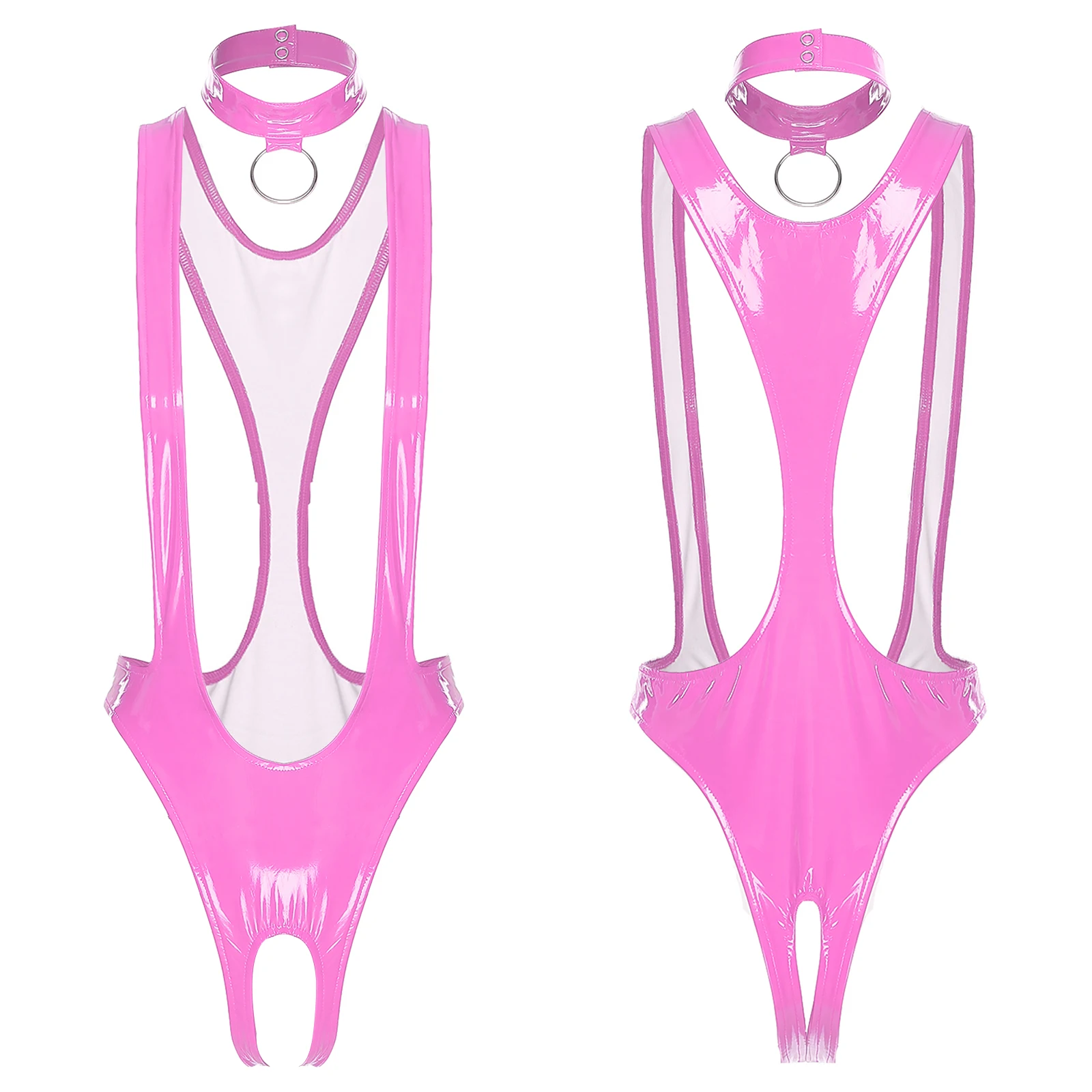 

Womens Sexy Glossy Patent Leather Bodysuit – Plunging V-Neck, Backless & Footed for A Bold Night Sissy One-Piece Lingerie Outfit