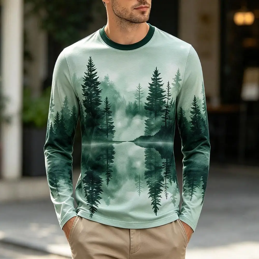2026 New Casual Long Sleeve T-shirts Misty Forest Lake Reflection Print Crew Neck Tee Men's Outdoor Hiking Camping Autumn Tops