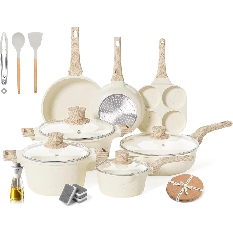 

20 шт. наборы посуды с антипригарным покрытием, набор кастрюль и сковородок для домашней кухни, гранитная индукционная кухонная утварь, кремово-белое яйцо P