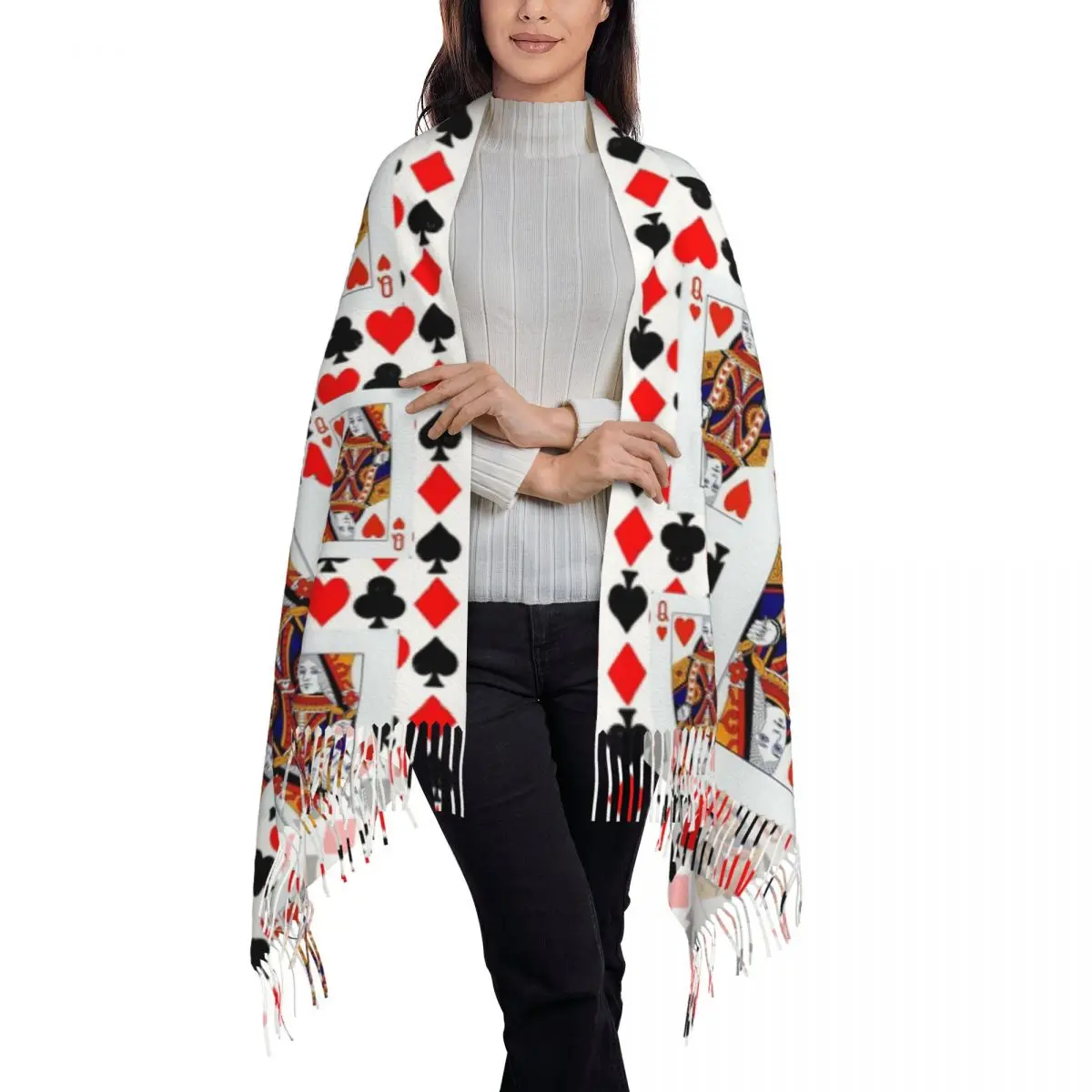 Red Queens Of Hearts Patterns Scarf Tassel Scarves Women Soft Warm Shawls and Wraps Long Fall Winter Shawl Wrap