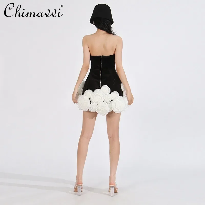 French Sexy Women's Court Style Dress Spring Summer Fashion Design Splicing Flower Tube Top Slim-fit Elegant Party Dresses