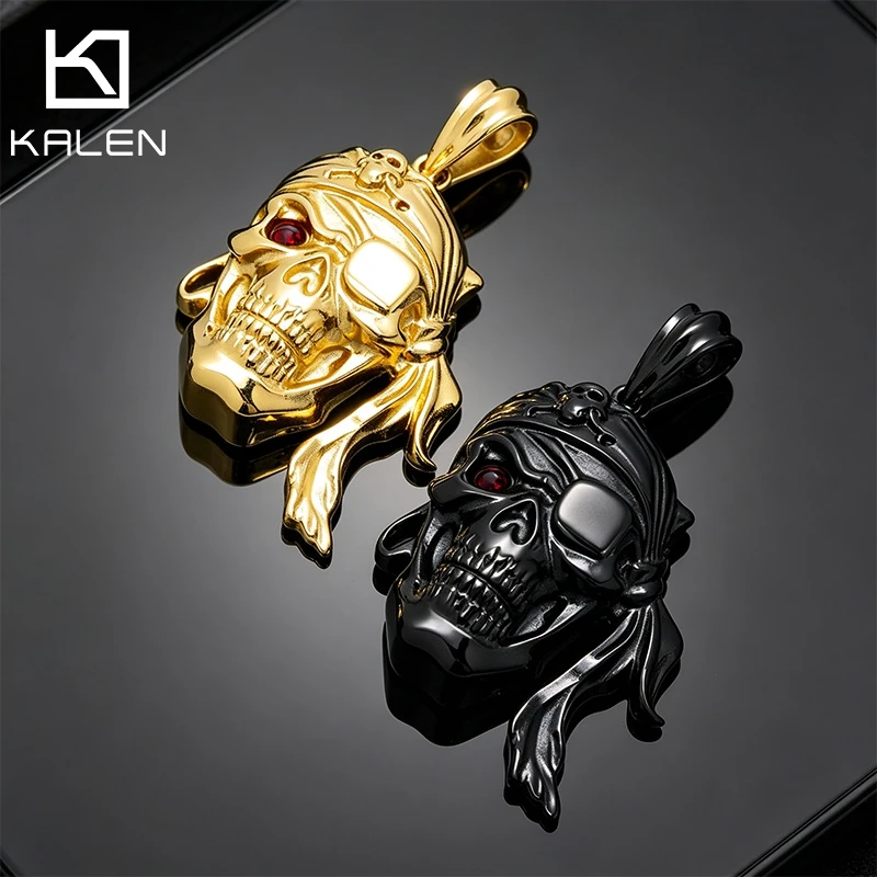 KALEN Men Stainless Steel Pirate Captain Skull Pendant Necklace Vintage Gothic Amulet Punk Fashion Jewelry Father's Day Gifts