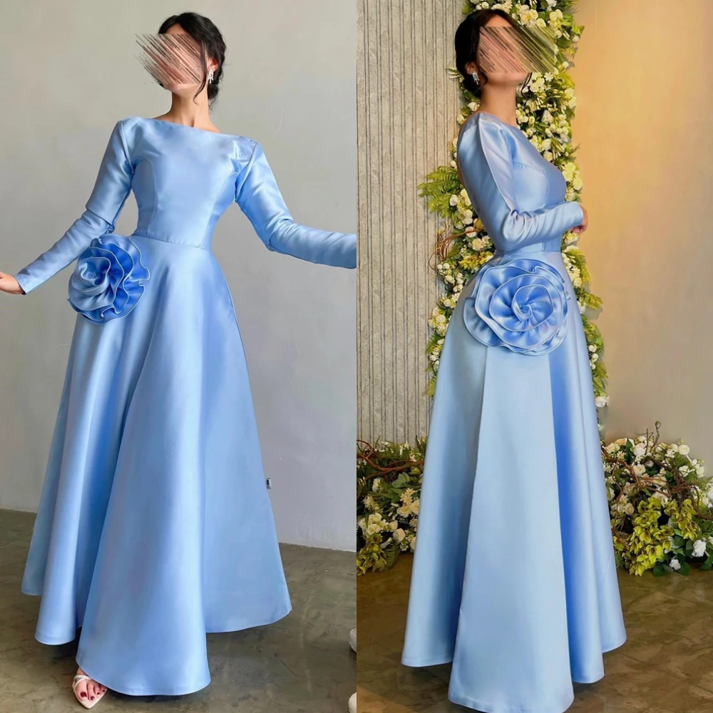 تخصيص أنيقة طويلة الأكمام الساتان فستان الحفلة الراقصة سويب تراين ثلاثية الأبعاد الزهور رداء حفلات مزاجه عارية الذراعين س الرقبة مساء اللباس