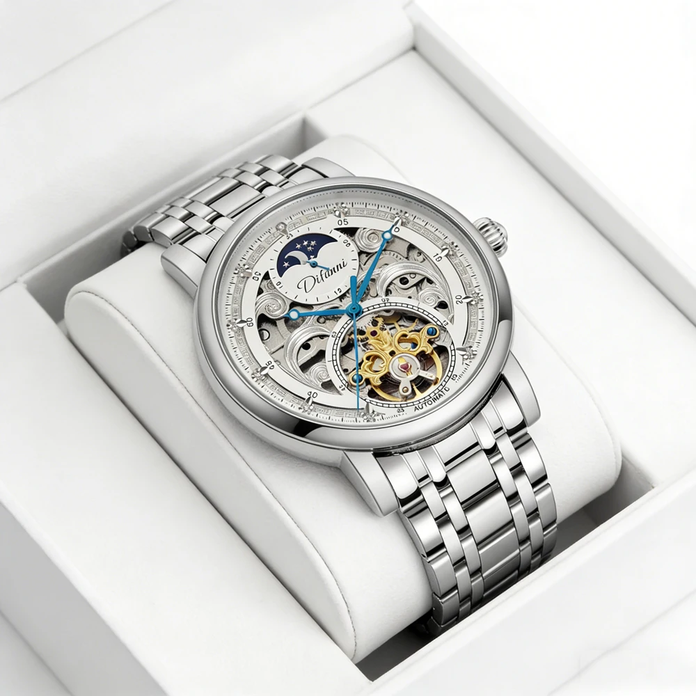 

Модные мужские механические часы с дизайном лунных фаз, роскошные часы-скелетоны с турбийоном, водонепроницаемые мужские часы из нержавеющей стали, Reloj