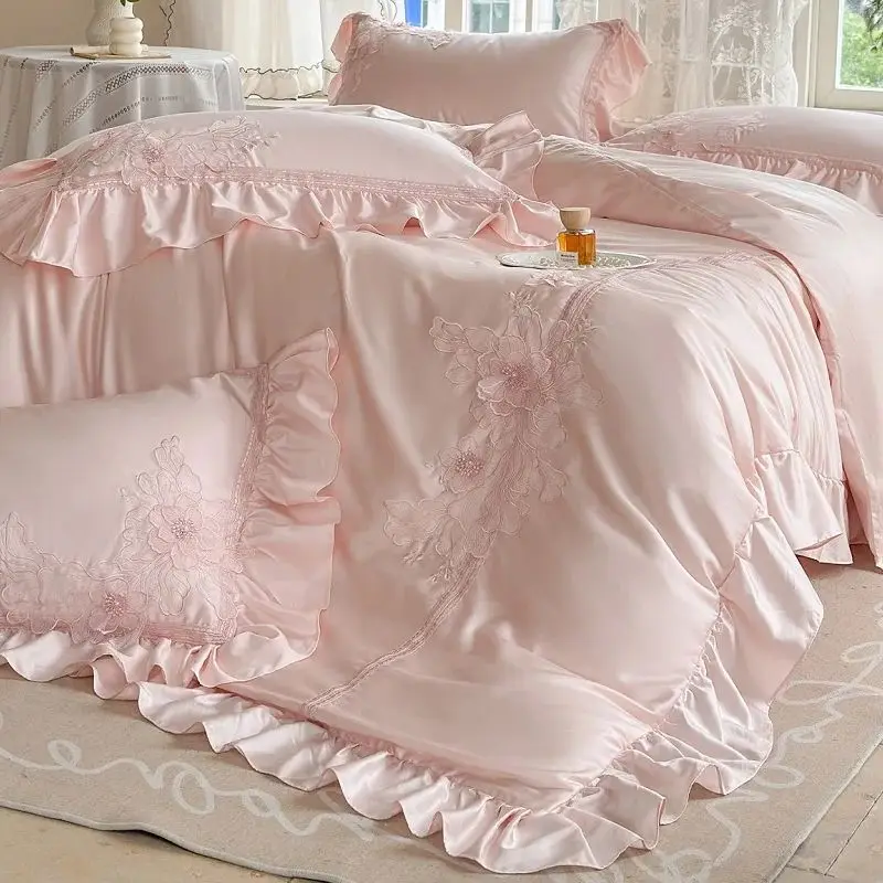 

Pink Flowers Embroidery Ruffles Princess Wedding Bedding Set 1000TC Egyptian Cotton Duvet Cover Flat/Fitted Sheet Pillowcases