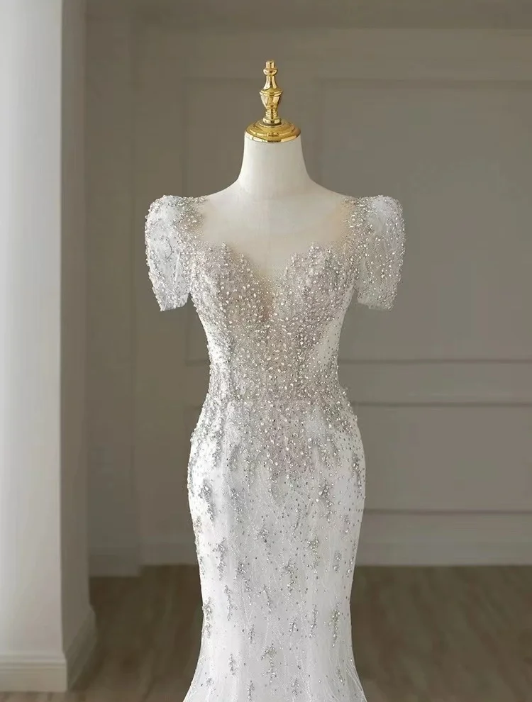 Robe de mariée sirène à manches courtes pour femmes, robes de luxe Boho pour les patients, robes de princesse de vadrouille formelles, CasTrio