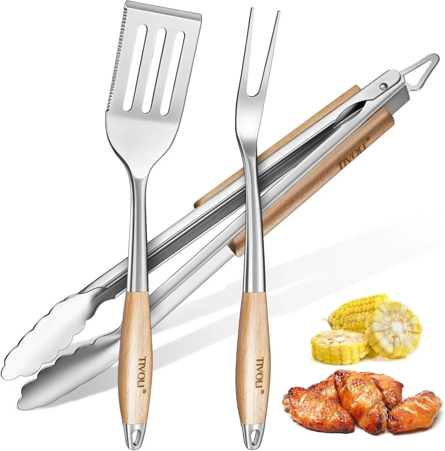 

Набор для гриля из 3 предметов: прочные инструменты для барбекю с лопаткой, щипцами и вилкой из нержавеющей стали с деревянными ручками