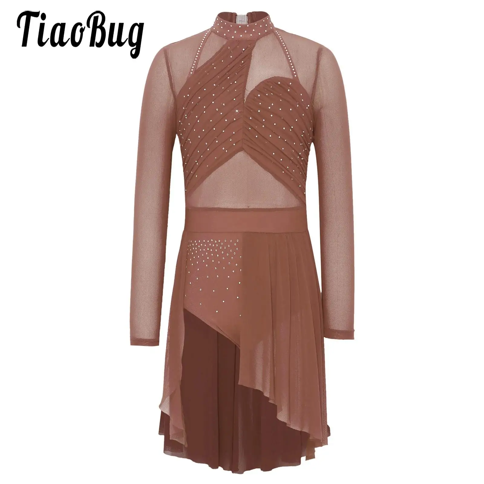 

Kids Girls Figure Skating Lyrical Dance Bodice Costume Ballet Dress Long Sleeve Rhinestones Ruched Leotards Split Mesh Dresses