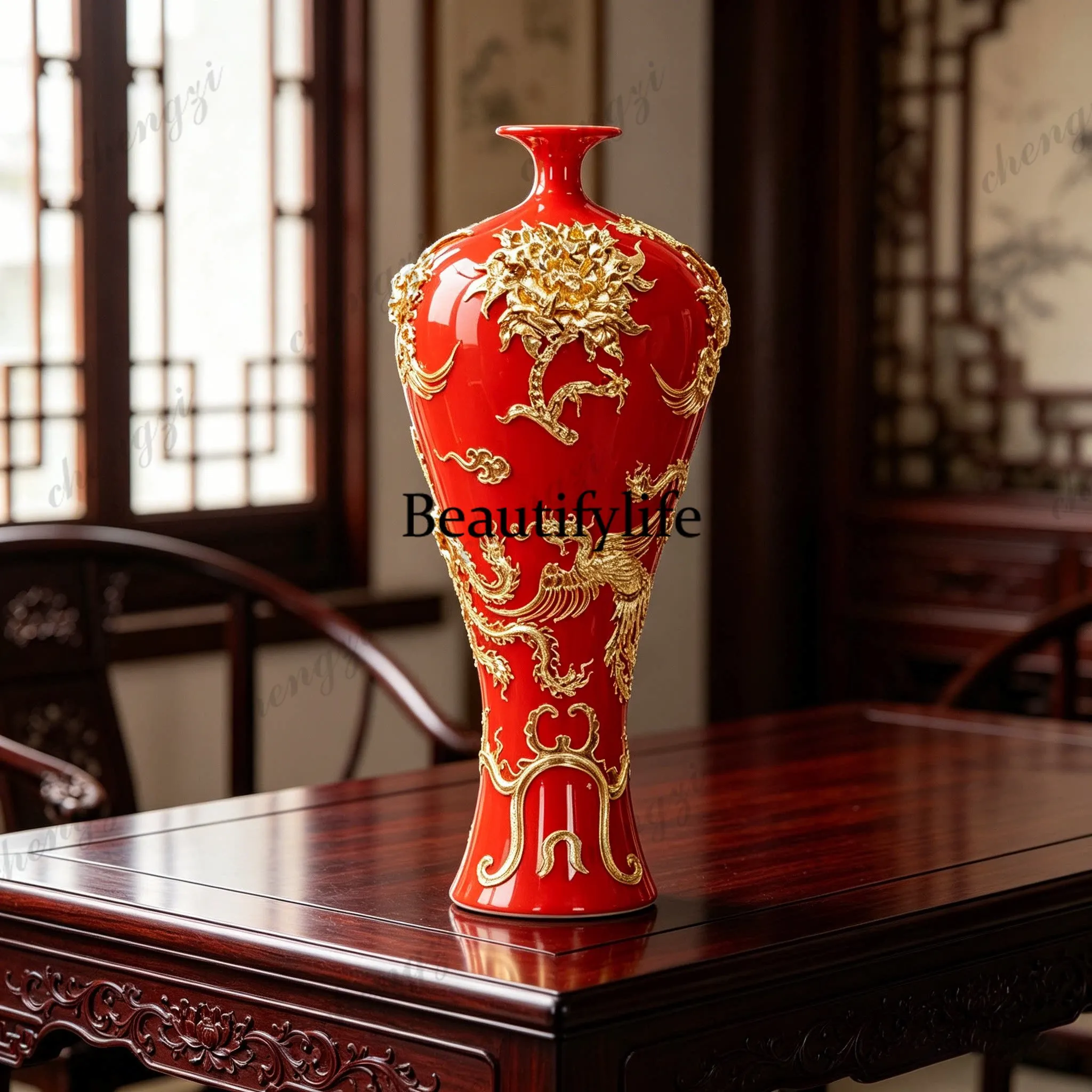 Lacquer line engraving gold foil Longteng Shengshi ceramic vase large living room entrance TV cabinet ornament
