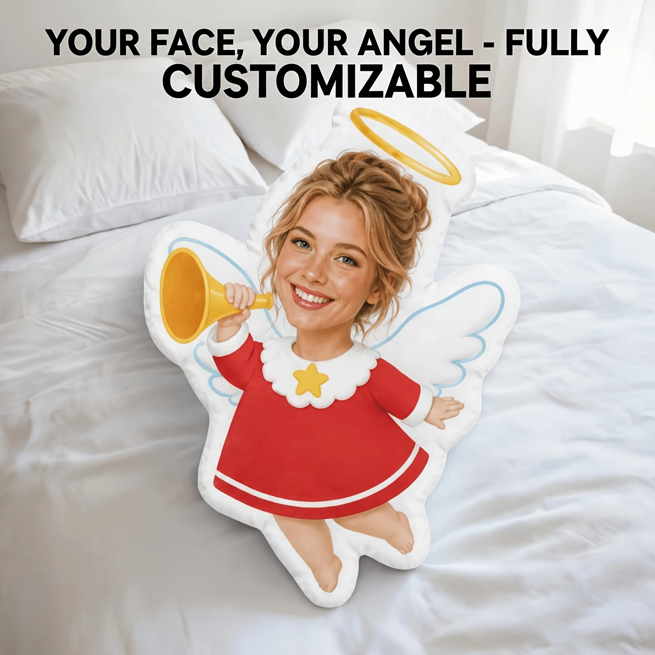Custom Personalized Photo Angel Shaped Pillow, Smiling Face Red Dress Custom Picture Decorative Cushion,Home Decor Accent for So