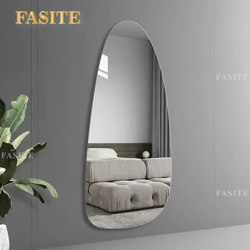 For Frameless Full Length Mirror Irregular Shaped Decorative Wall Mirror HD Glass No Punching Adhesive for Living Room