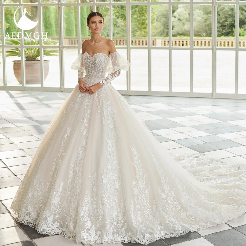 

Aedmgh Ball Gown Princess Wedding Dresses 2024 Strapless Lantern Sleeve Vestido De Novia Embroidery Appliques Robe De Mariee