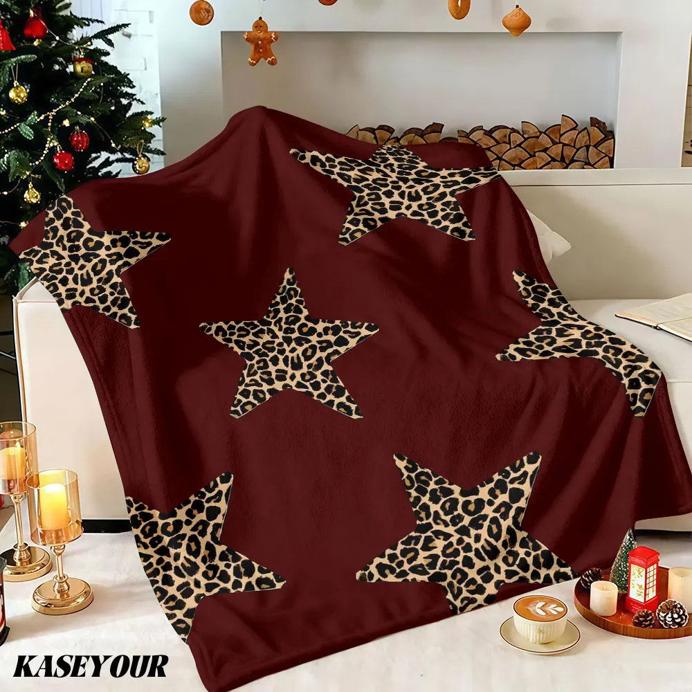 Leopard Star Burgundy Winter Summer Flannel Blanket Throw Fleece Soft Fuzzy Plush Cozy Fleece Blankets for Sofa Ideal Gifts