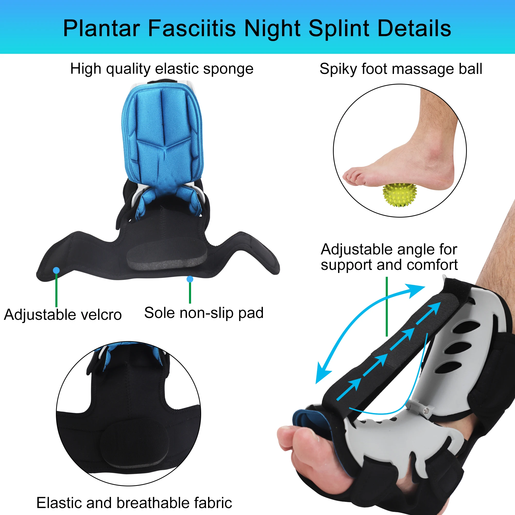 Plantar Fasciitis Night Splint with Hard Spiky Massage Ball for Foot Pain Relief by Achilles Tendonitis, Foot Drop - Women & Men