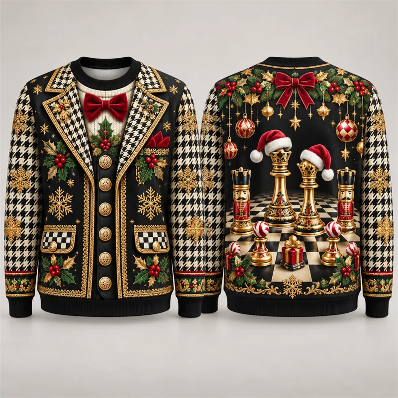 Christmas Faux Jacket Sweatshirt Men Candy Cane Sailing Ship Camper Nativity Chess Print Crewneck Long Sleeve Holiday Pullover
