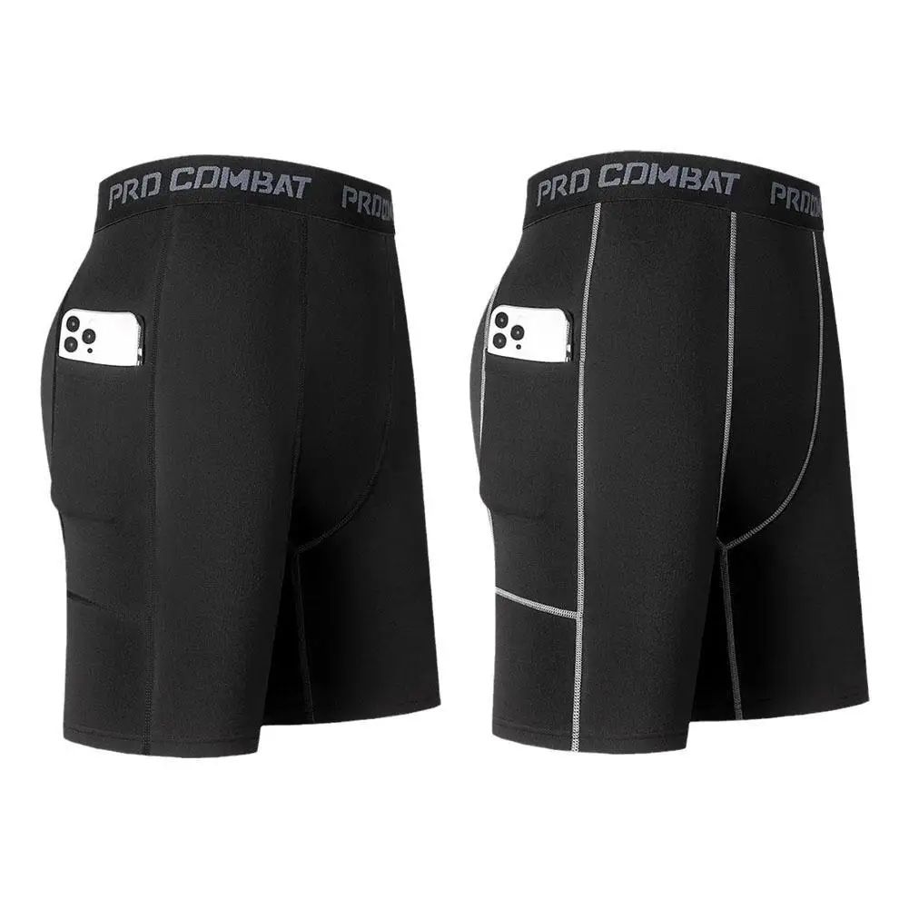 Men‘s Compression Short Pants Elastic Quick Dry Running Fitness Shorts With Pocket Big Size Black Tight Gym Training Pants