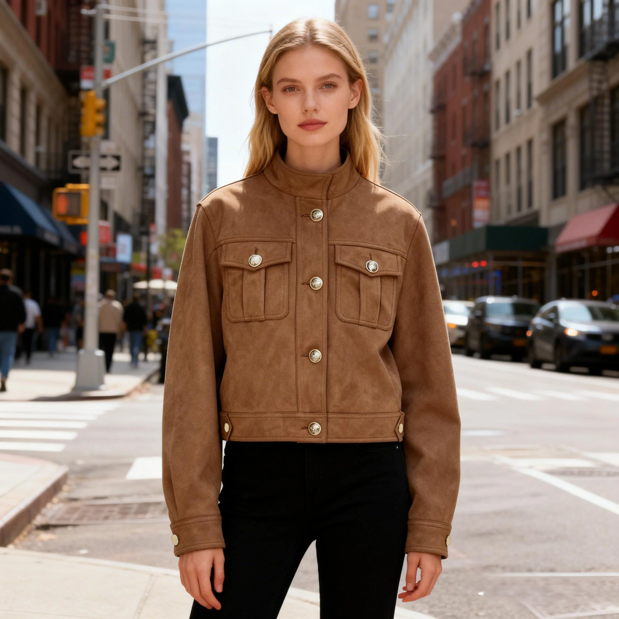 Chaqueta de ante vintage para mujer, abrigo de motociclista corto ajustado con cuello mandarín y cintura corsé en color caqui piedra, Edgy Chic