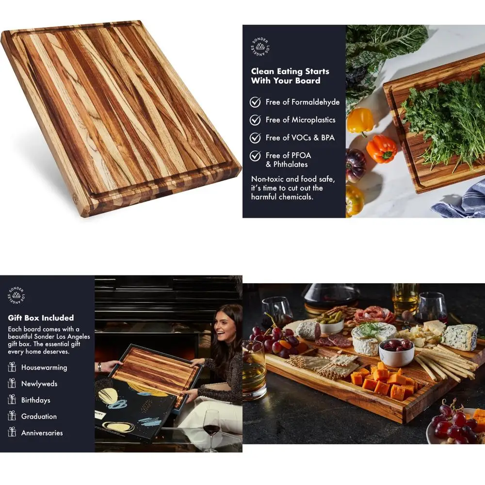 

Thick Teak Wood XL Kitchen Cutting Board with Juice Groove and Sorting Compartments for Charcuterie and Cheese Board