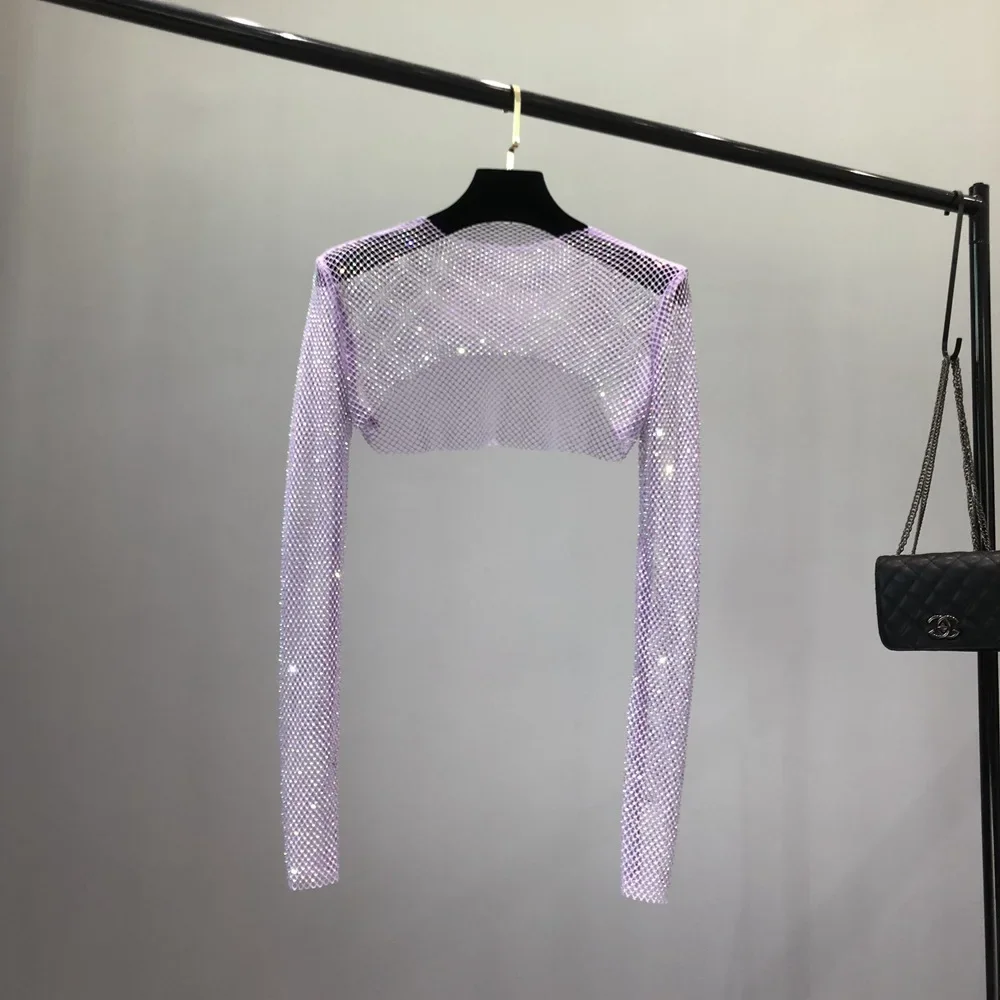 Fashion AB Color Rhinestone French Small Cape Mesh Rhinestone Sunscreen Shawl Summer Thin Suspender Purple Vest