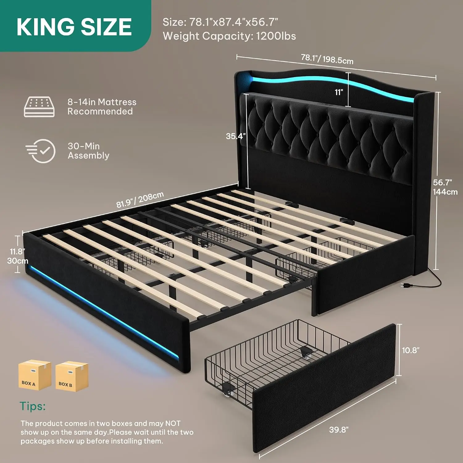 King Size Bed Frame with 4 Storage Drawers and RGB LED Lights, Customized