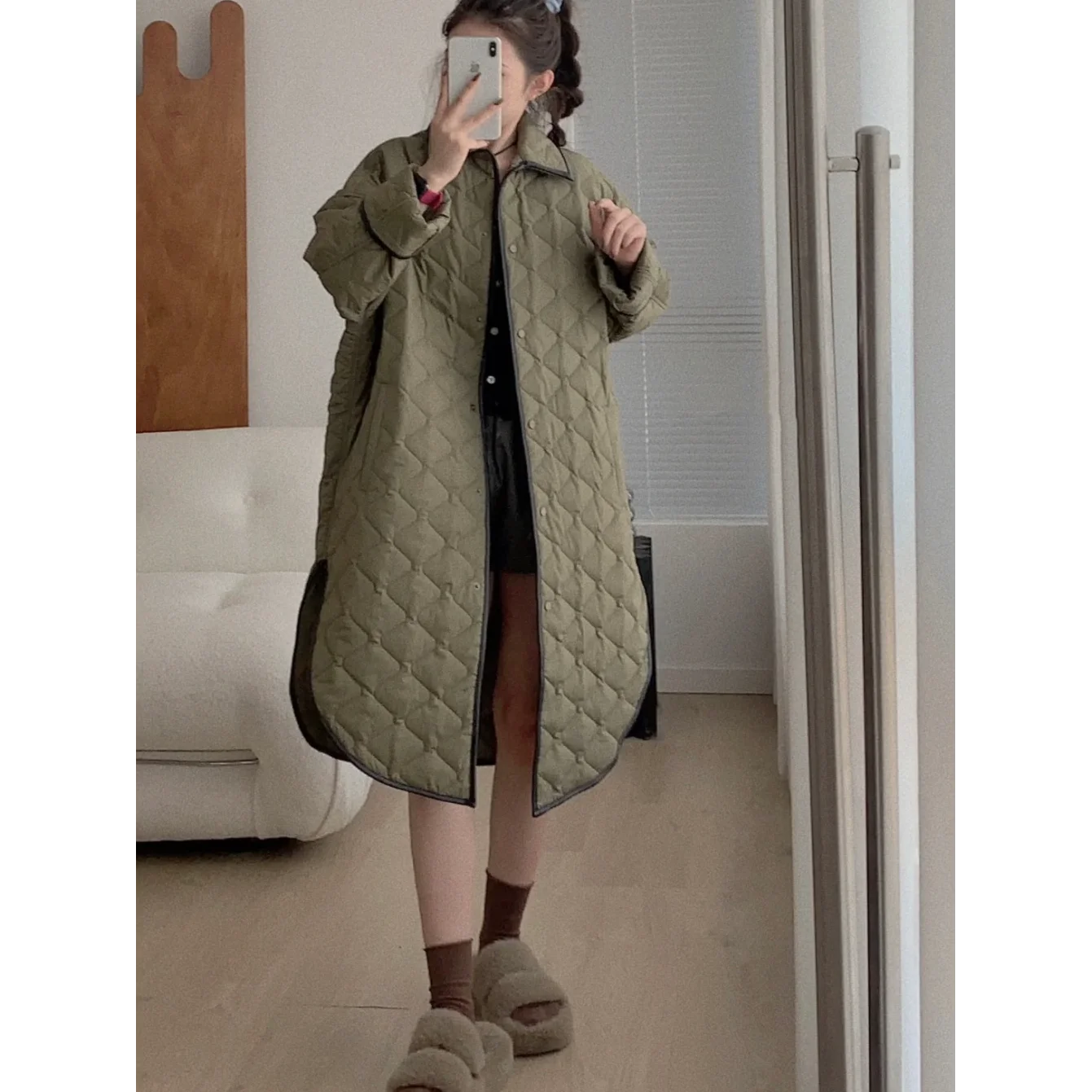 

Pure Original Quali Women's Long Coat Windproof Sewn on Pattern Rhombus Cotton Jaet Warm Outerwear for Autumn