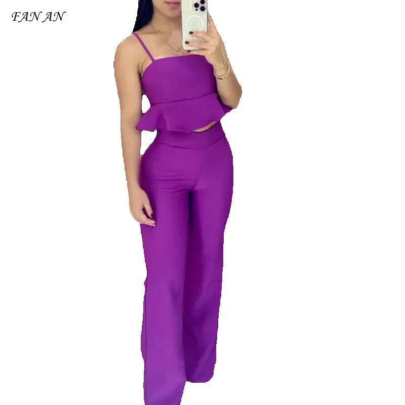 

Summer New Strapless Halter with Ruffled Hem Top High-waisted Straight Pants Fashion Casual Commuter Pants Two-piece Fashion Set