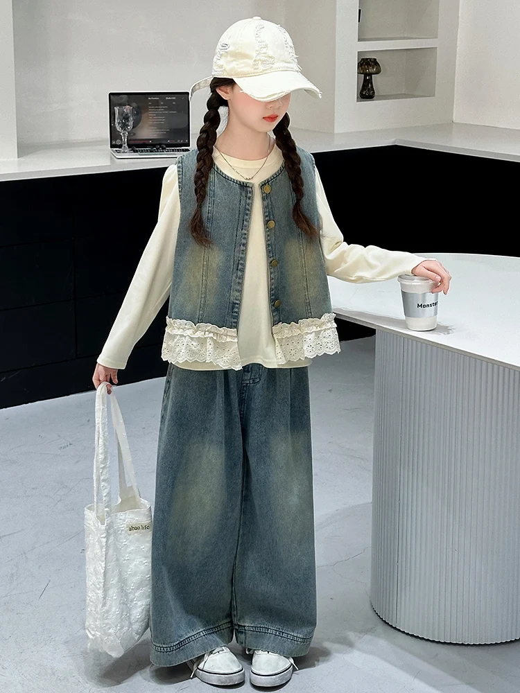 

Girls Spring Autumn Casual Denim Set Wide Leg Pants Tee Piece Suite Trendy Korean Sle Long Sve Cotton Long Pants