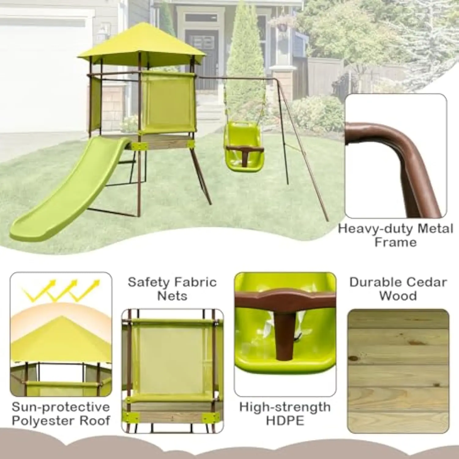 Swing Sets for Backyard, 4-in-1 Heavy Duty Metal Swing Set with Slide, Baby Swing, Upper Deck with Canopy, Climbing Ladder