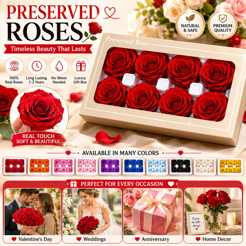 

8PCS 4-5cm Real Flower Preserved Eternal Rose Natural Fragrance Long Lasting Valentines Day Gift For Girlfriend Home Decor Gift