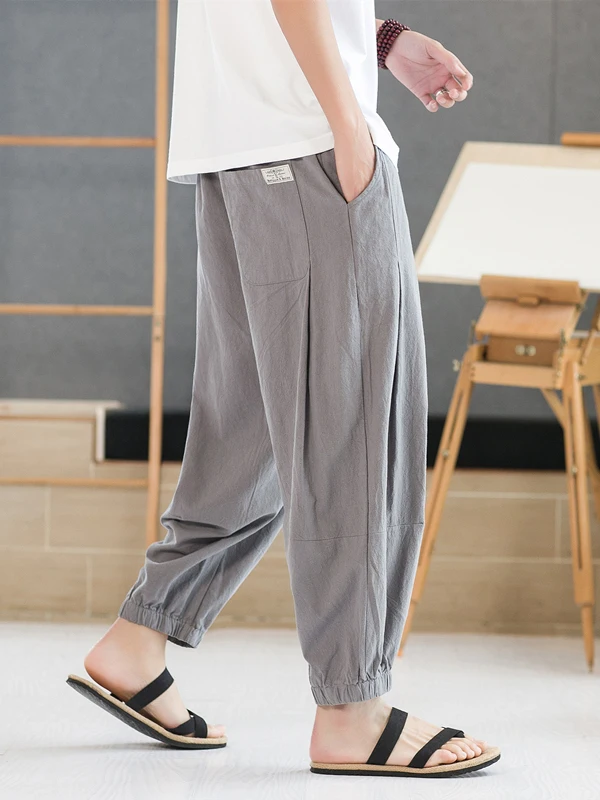 

Men's Summer Thin Cotton Linen Casual Seven-Foot Sports Pants Loose Wide Leg Ice Silk Trousers Breathable Elastic Waisand
