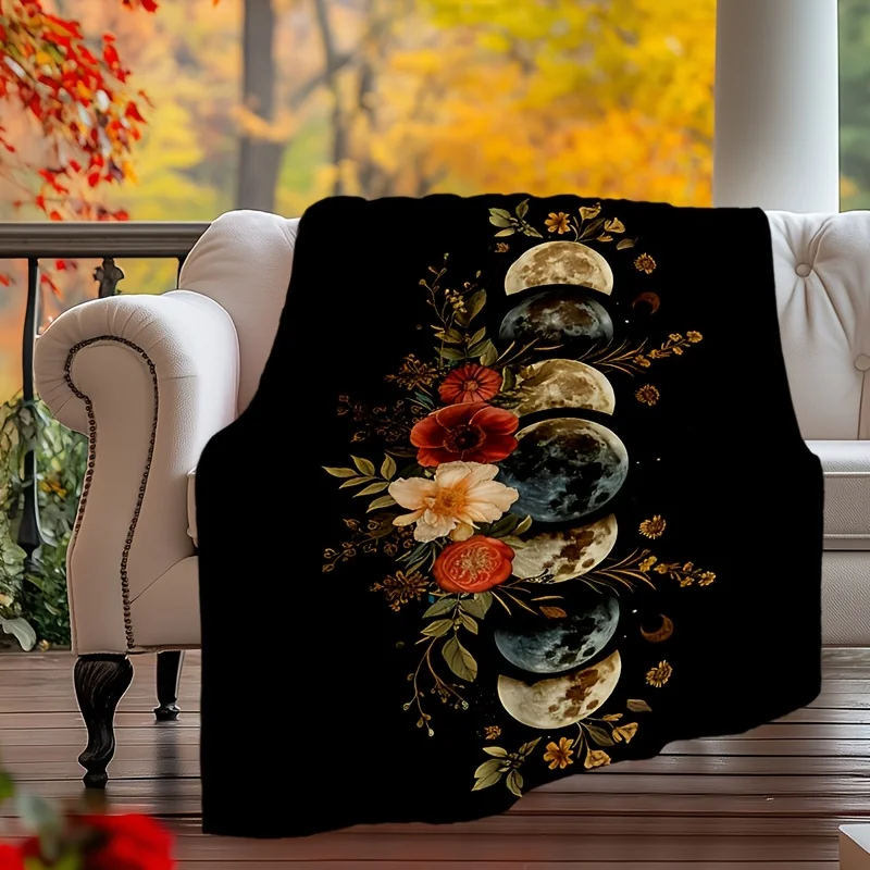 Cozy Floral Moon Divination Throw Blanket - Soft, Warm & Versatile for Bed, Sofa, Blanket Perfect for Travel & Outdoor Leisure