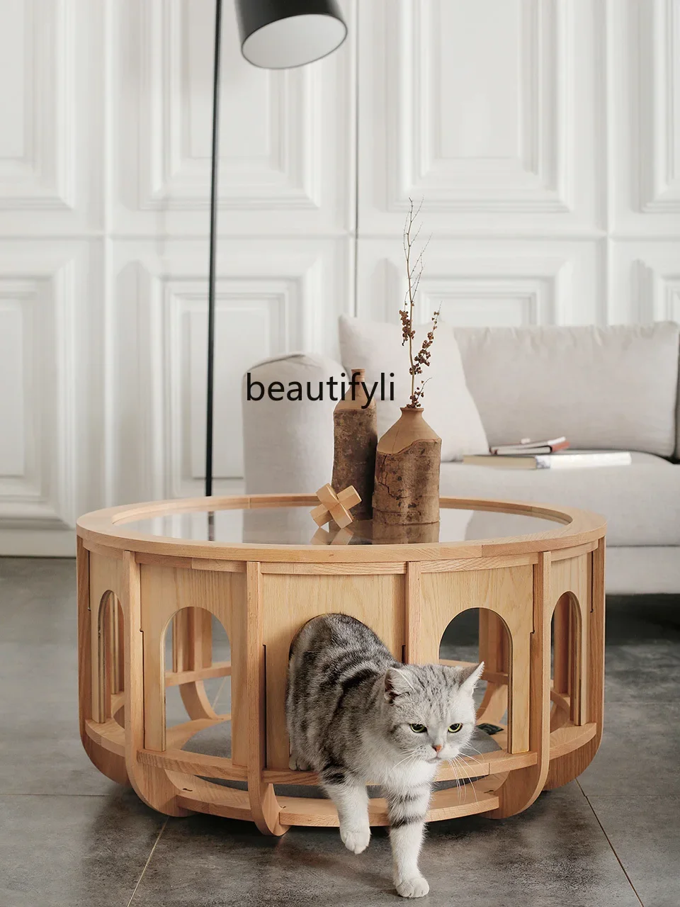 

Solid Wood Pet Bed Creative Coffee Table Nordic Italian Glass Living Room Cat Nest Side Table