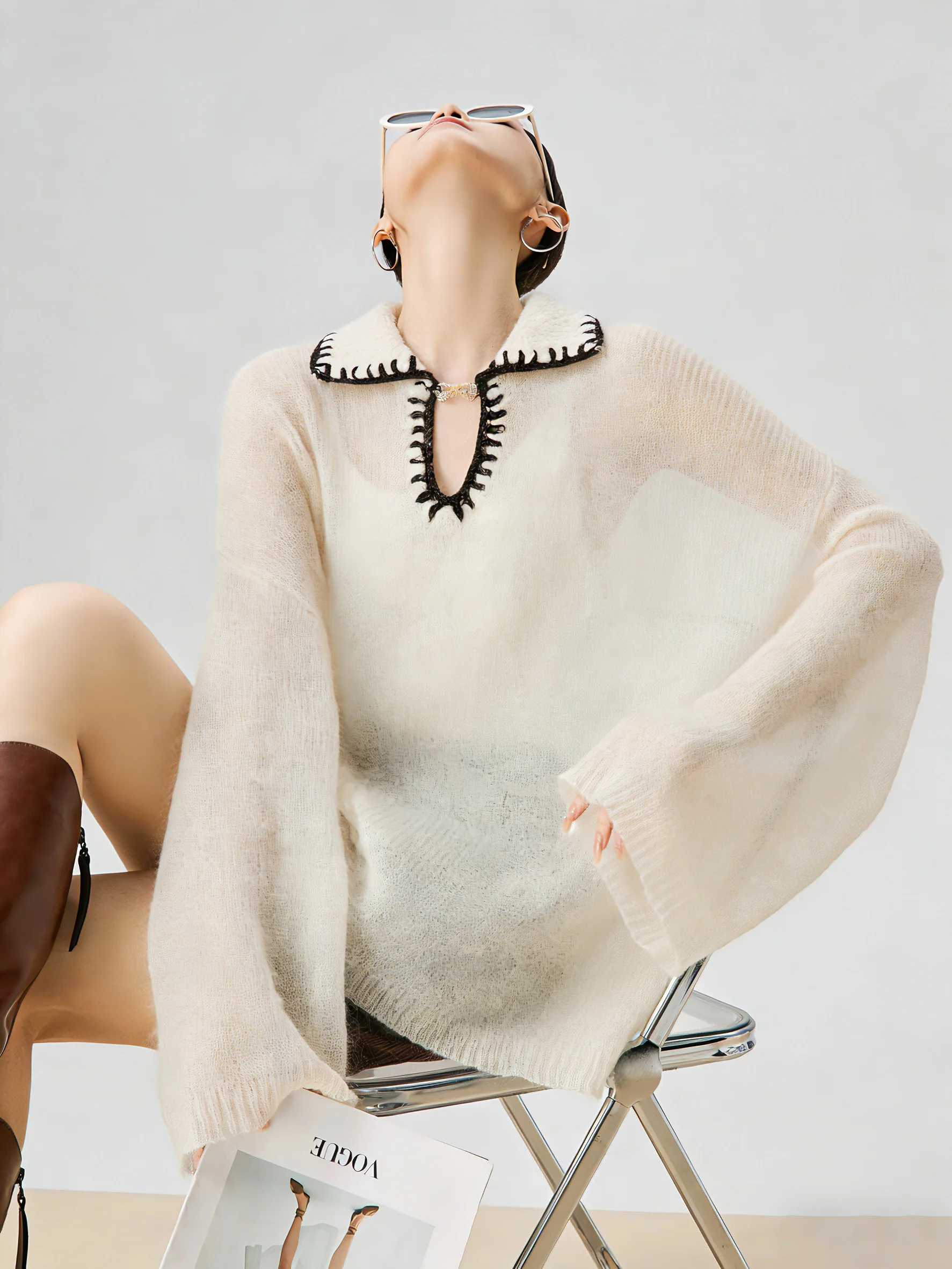 

Miu Sle Knitted Ne Cover up Women's Spring New Unique Beautiful Color Blo Long Sve V Ne Pullover Top