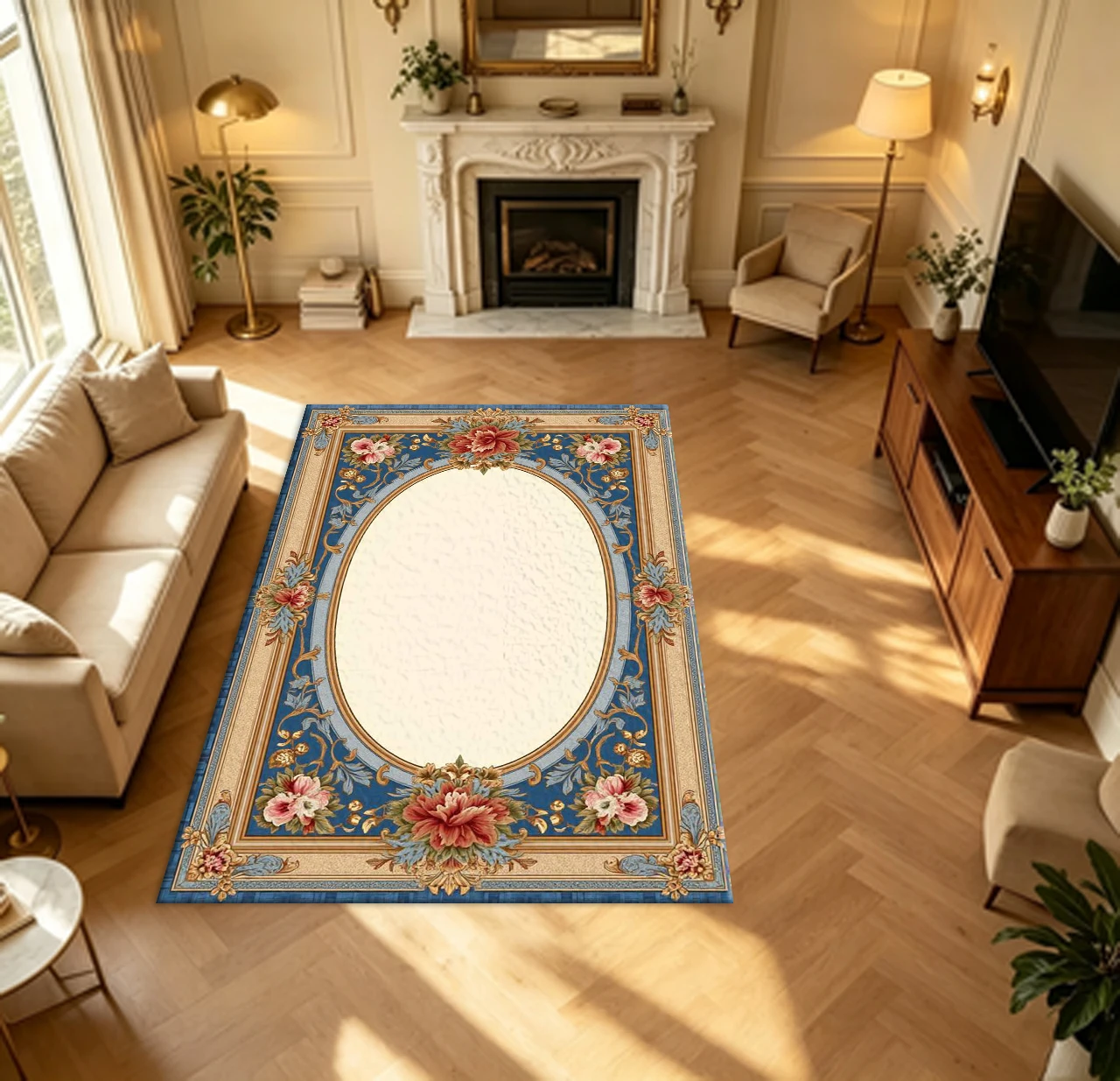 Classic Vintage Floral Frame Carpet Flooring Elegant European Peony Pattern Household Living Hall Large Area Rug Indoor Floor Decor