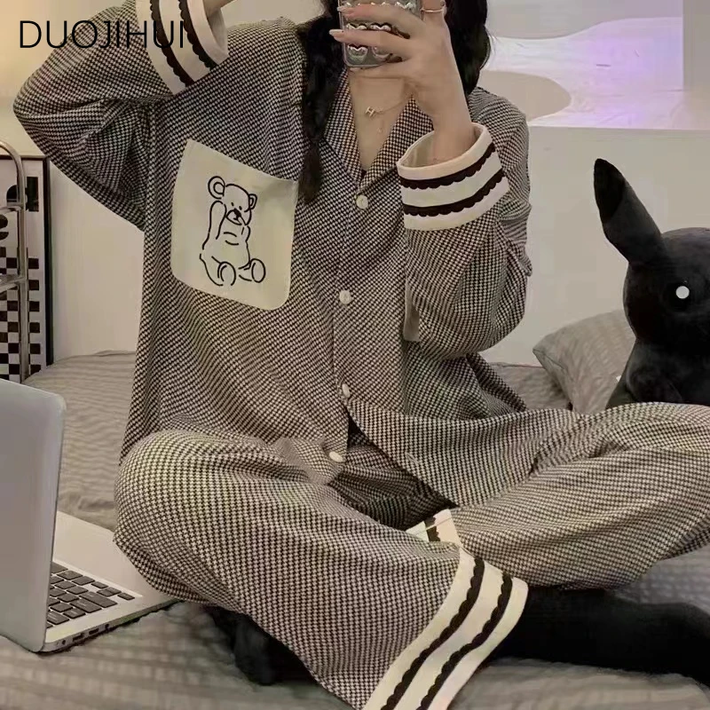 DUOJIHUI Chic Plaid Spell Color Casual Home Pajamas for Women Basic Long Sleeve Cardigan Simple Pant Fashion Female Pajamas Set