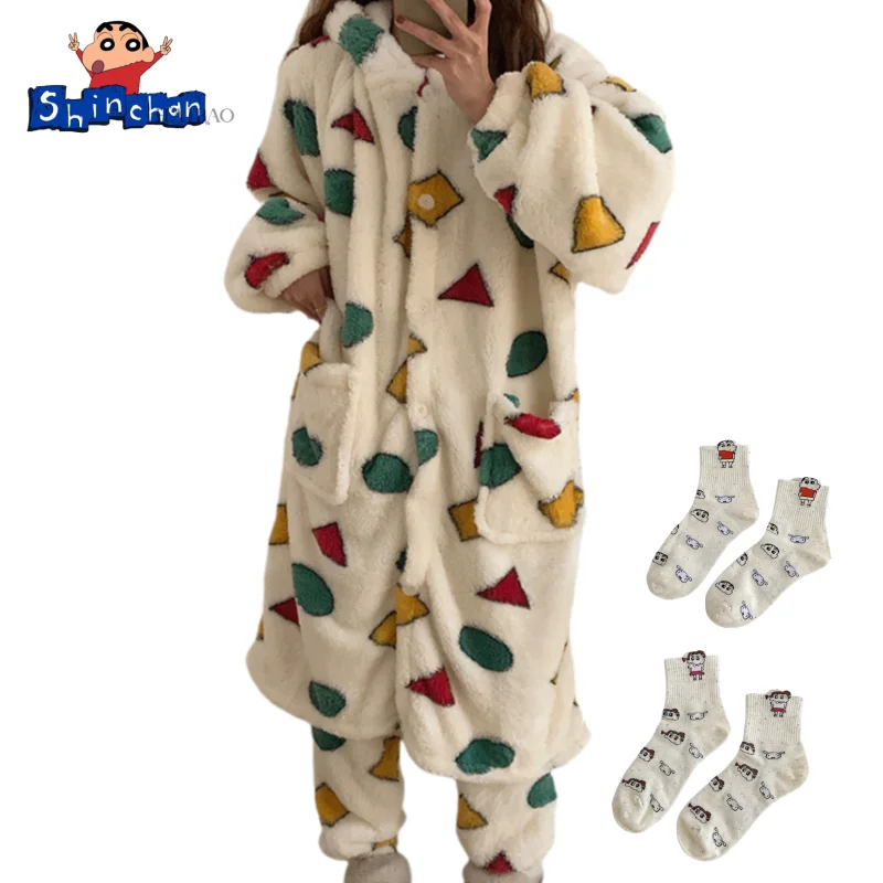 Crayon Boy Shin C-Chan Plush Long-sleeved Pajamas Cute Cartoon Girl Nightgown Warm Comfortable Soft Long Sleeve Suit Home Gift