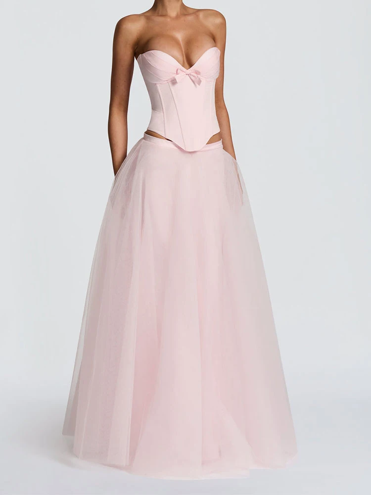 Женский сексуальный корсет без бретелек с высокой талией, топ без бретелек и шифоновая юбка, комплект из двух частей, милый облегающий комплект платьев